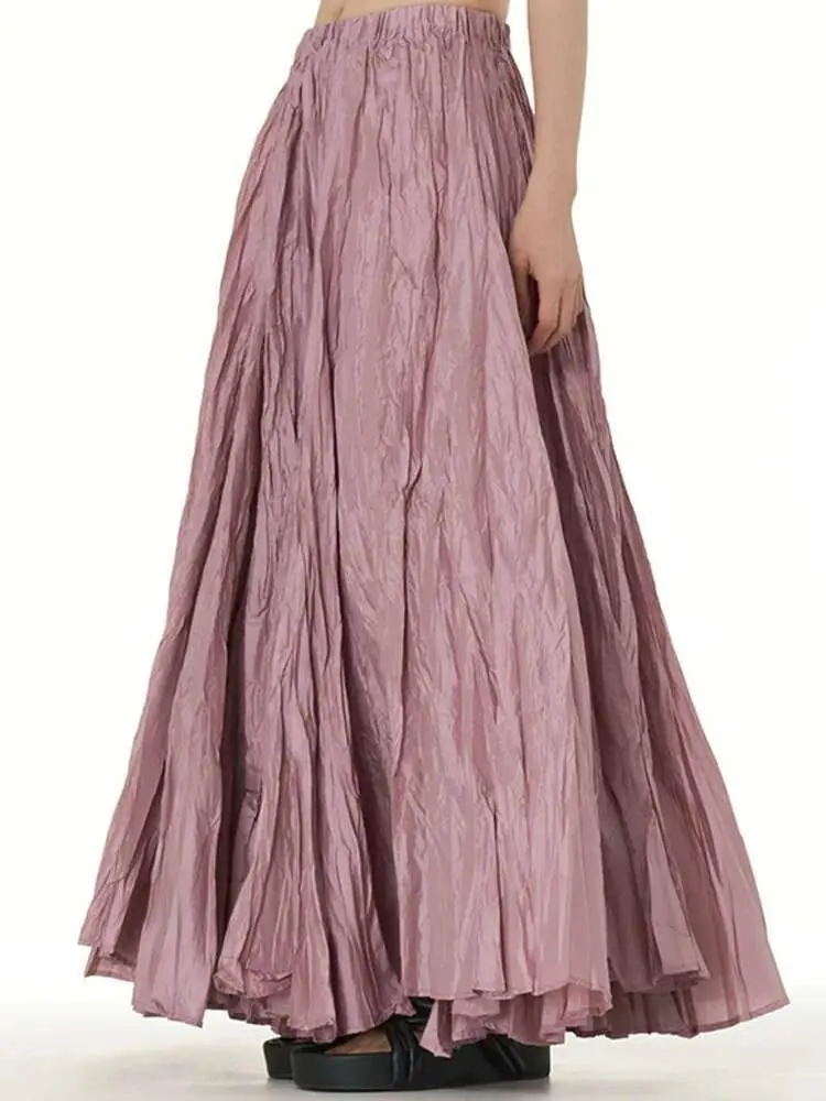 LANMREM Pleated Long Skirts For Women Elastic Waist Solid Color Large Hem Female Party Clothing 2024 Summer New 2DA6542