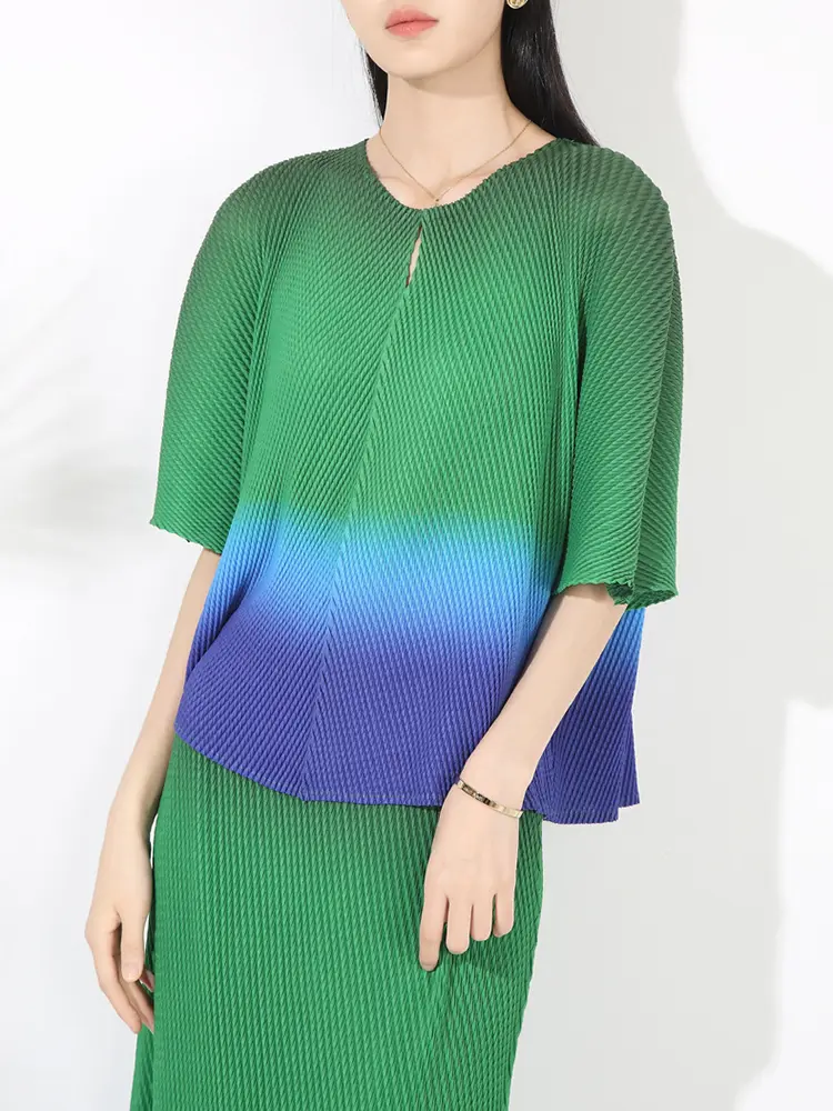 LANMREM Gradient Color Fish Scale Pleated Half Sleeve Pullover Top + High Waist Skirt Two-piece Set 2025 New Summer Sets 2DB2840