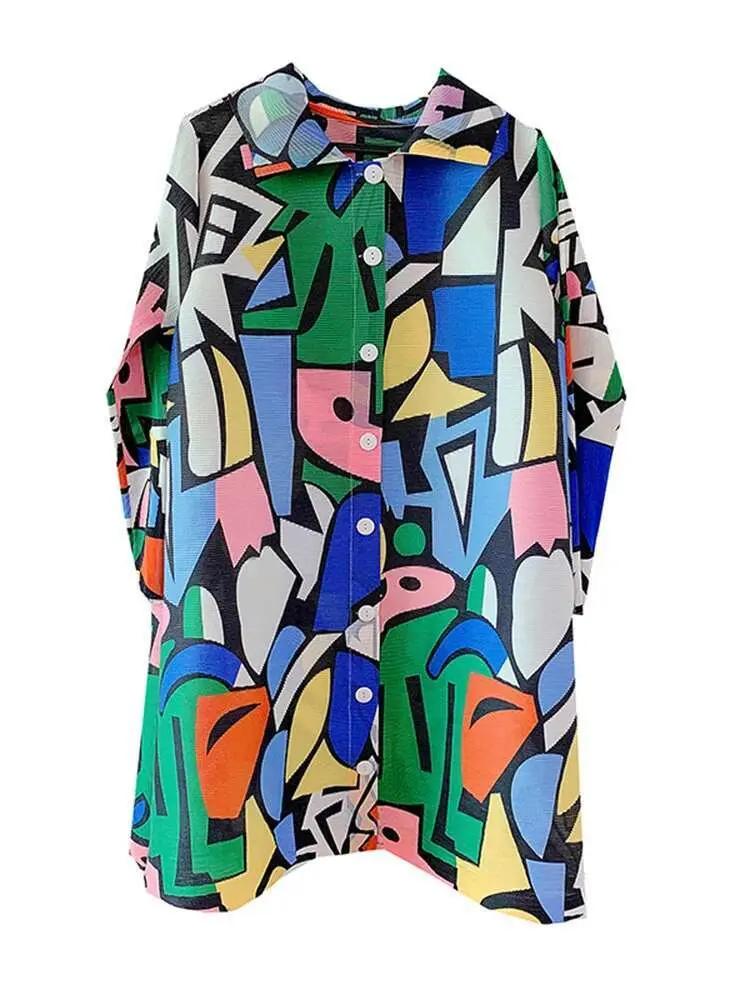 LANMREM Graffiti Pleated Dress For Women Contrast Color Lapel Single Breasted Long Sleeves Dresses Female 2023 Summer New 2R1194