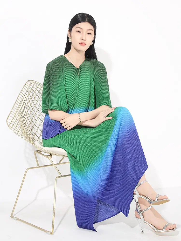 LANMREM Gradient Color Fish Scale Pleated Half Sleeve Pullover Top + High Waist Skirt Two-piece Set 2025 New Summer Sets 2DB2840
