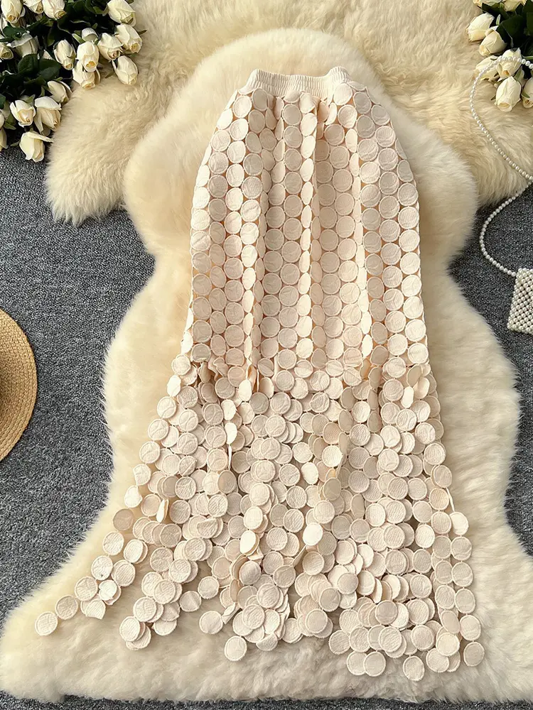 LANMREM Hollow Out Polka Dot Tassel Midi Skirt Women Summer French Style High Waist Slimming Long A-Line Skirts 2DM1099