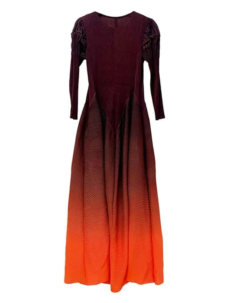 LANMREM Maxi Gradient Pleated Dress For Women Round Neck Long Ruffles Sleeves High Waist A-line Dresses Elegant 2023 New 2AA1157