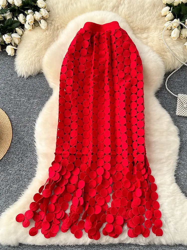 LANMREM Hollow Out Polka Dot Tassel Midi Skirt Women Summer French Style High Waist Slimming Long A-Line Skirts 2DM1099