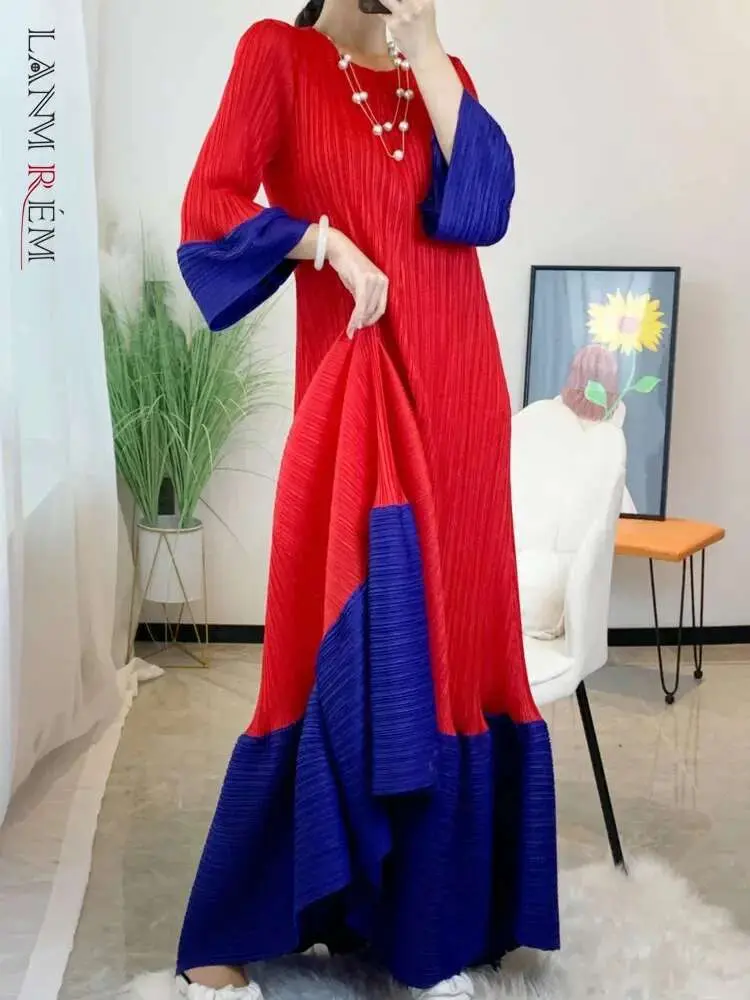LANMREM Maxi Pleated Dress Women Patchwork Color Block Lantern Sleeves Ruffles Hem Fashion Dresses Female Party Clothes 2YA1222