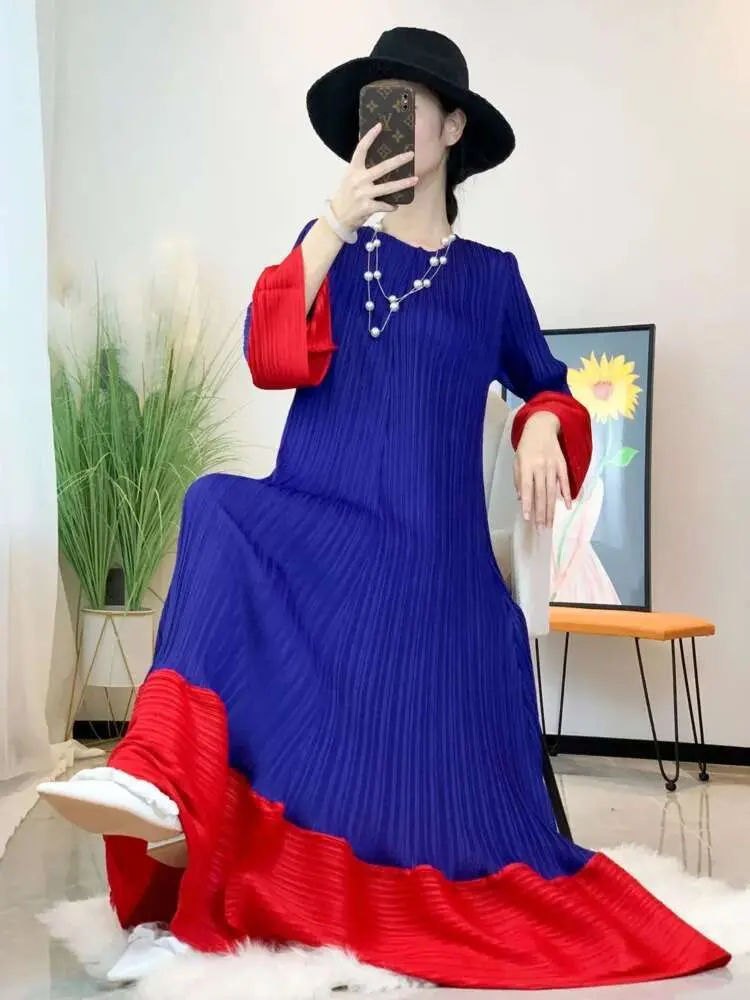LANMREM Maxi Pleated Dress Women Patchwork Color Block Lantern Sleeves Ruffles Hem Fashion Dresses Female Party Clothes 2YA1222