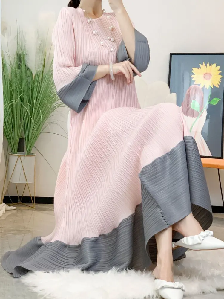 LANMREM Maxi Pleated Dress Women Patchwork Color Block Lantern Sleeves Ruffles Hem Fashion Dresses Female Party Clothes 2YA1222