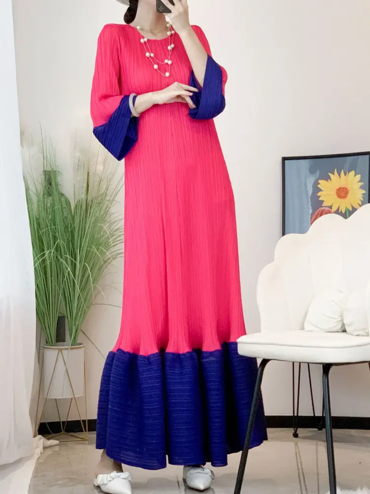 LANMREM Maxi Pleated Dress Women Patchwork Color Block Lantern Sleeves Ruffles Hem Fashion Dresses Female Party Clothes 2YA1222
