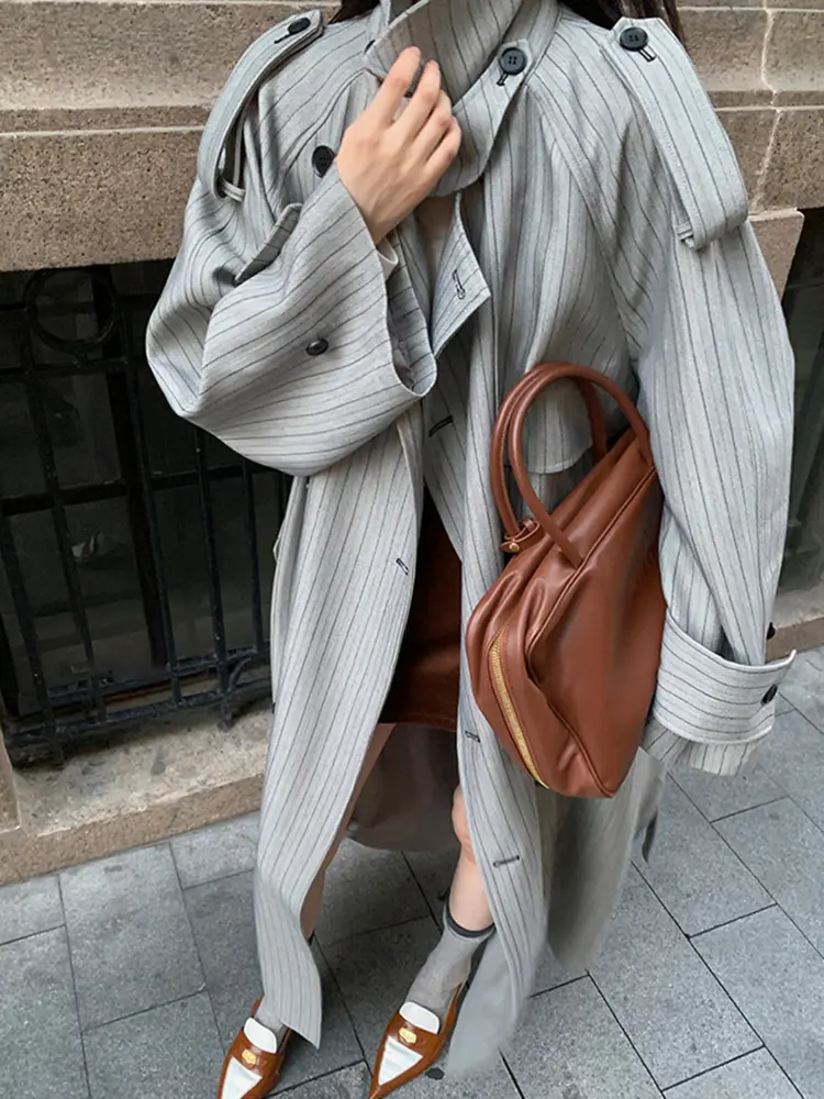 LANMREM Double Breasted Striped Trench Coat For Women Loose Belt Windbreaker Female Streetwear Clothing 2025 Autumn New 2DM1108