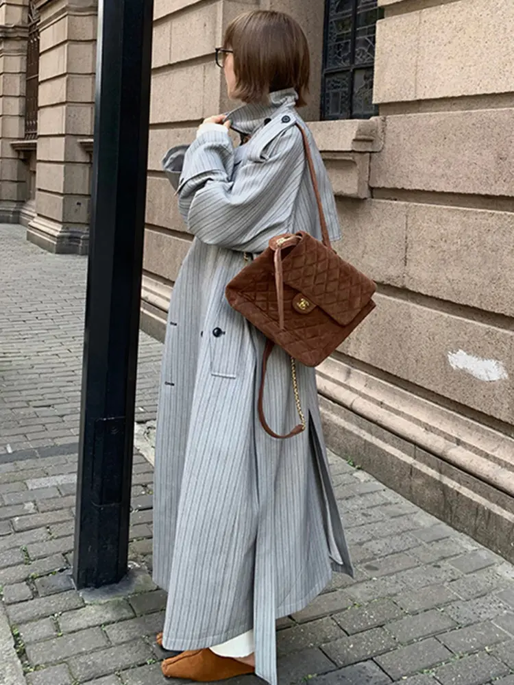 LANMREM Double Breasted Striped Trench Coat For Women Loose Belt Windbreaker Female Streetwear Clothing 2025 Autumn New 2DM1108