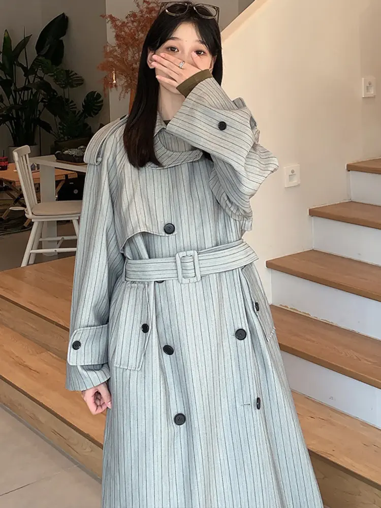 LANMREM Double Breasted Striped Trench Coat For Women Loose Belt Windbreaker Female Streetwear Clothing 2025 Autumn New 2DM1108