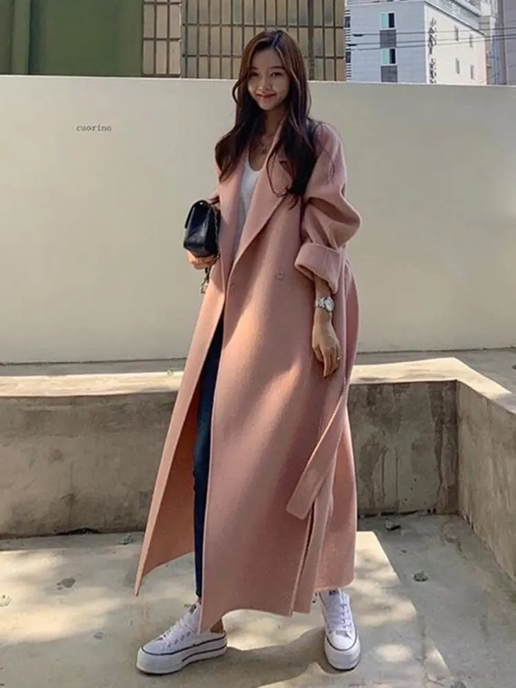 LANMREM Pink Double Sided Cashmere Coat Women's Mid Length Autumn Winter New High End Split Belt Coats Luxury Streetwear 2DA7712