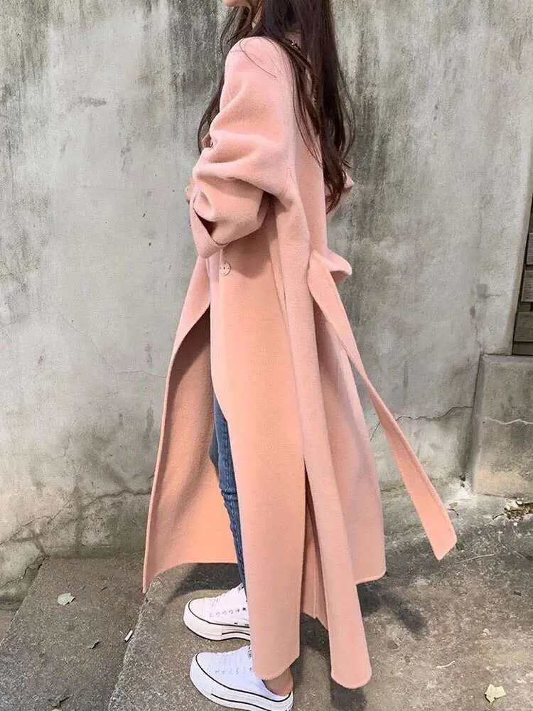 LANMREM Pink Double Sided Cashmere Coat Women's Mid Length Autumn Winter New High End Split Belt Coats Luxury Streetwear 2DA7712