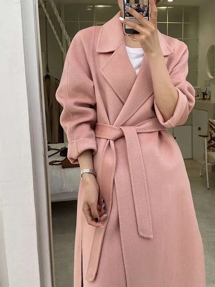 LANMREM Pink Double Sided Cashmere Coat Women's Mid Length Autumn Winter New High End Split Belt Coats Luxury Streetwear 2DA7712