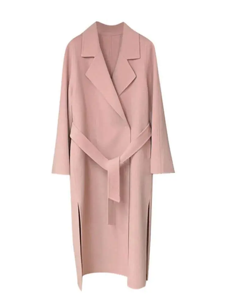 LANMREM Pink Double Sided Cashmere Coat Women's Mid Length Autumn Winter New High End Split Belt Coats Luxury Streetwear 2DA7712
