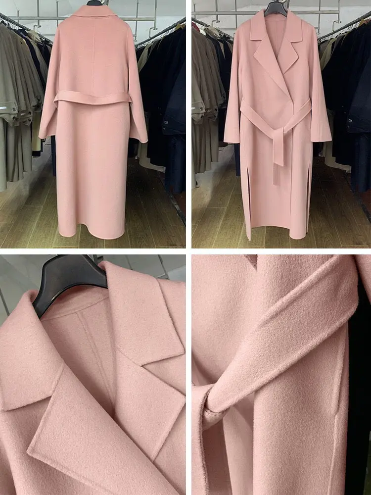 LANMREM Pink Double Sided Cashmere Coat Women's Mid Length Autumn Winter New High End Split Belt Coats Luxury Streetwear 2DA7712