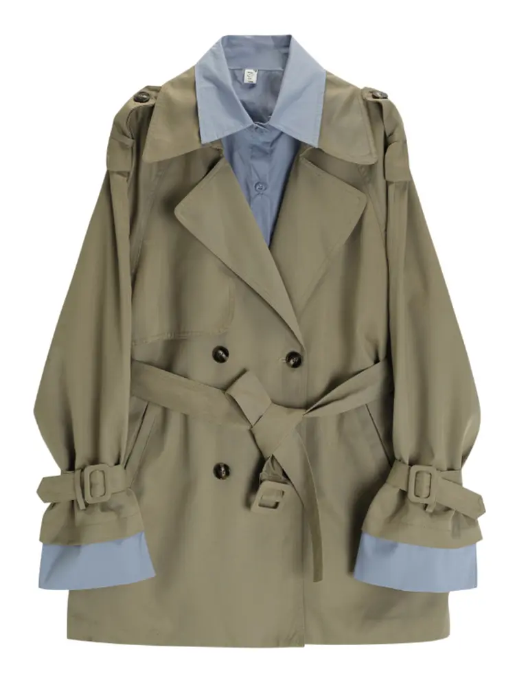 LANMREM Contrast Color Spliced Trench Women Lapel Belt Double Breasted Fashion Windbreaker Office Lady 2023 Autumn New 2AA2981