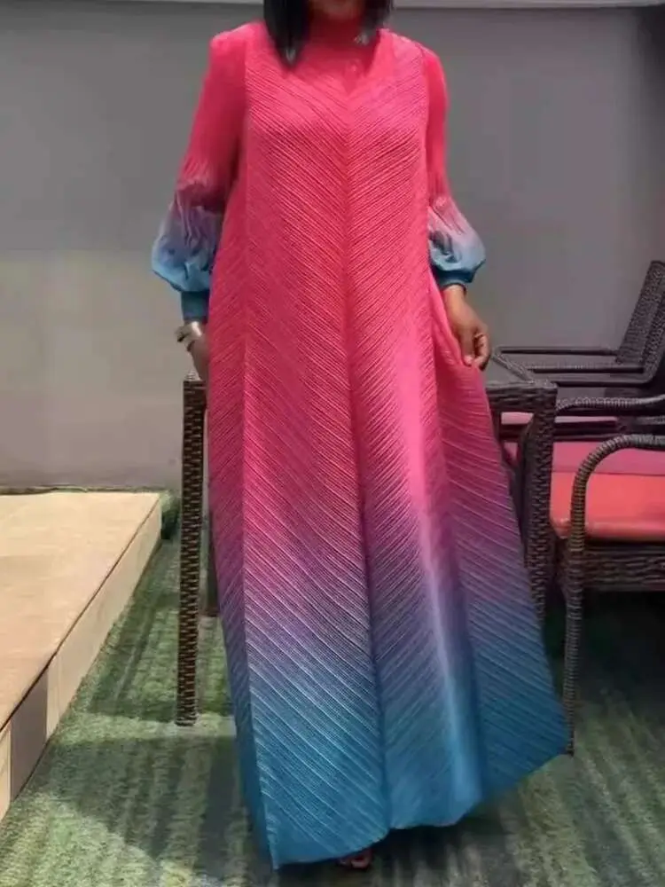 LANMREM 2025 Fashion Gradient Maxi Dress Women Lantern Sleeves Luxury Long Sleeved Pleated Dresses Trendy Clothing 2DA8001