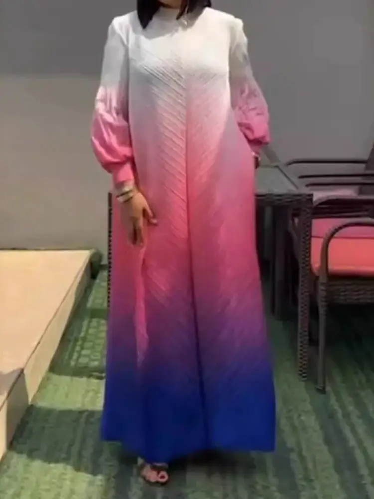 LANMREM 2025 Fashion Gradient Maxi Dress Women Lantern Sleeves Luxury Long Sleeved Pleated Dresses Trendy Clothing 2DA8001
