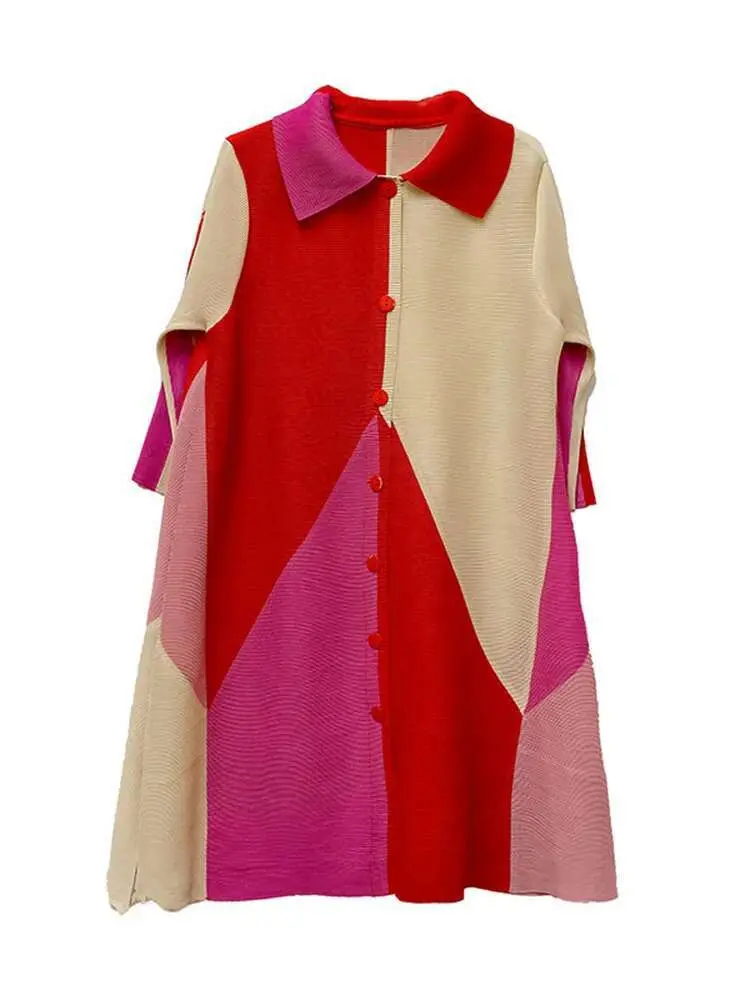 LANMREM Turn Down Color Block Pleated Dress For Women Three Quarter Sleeves Single Breasted Loose Dresses Female Fashion 2R1982