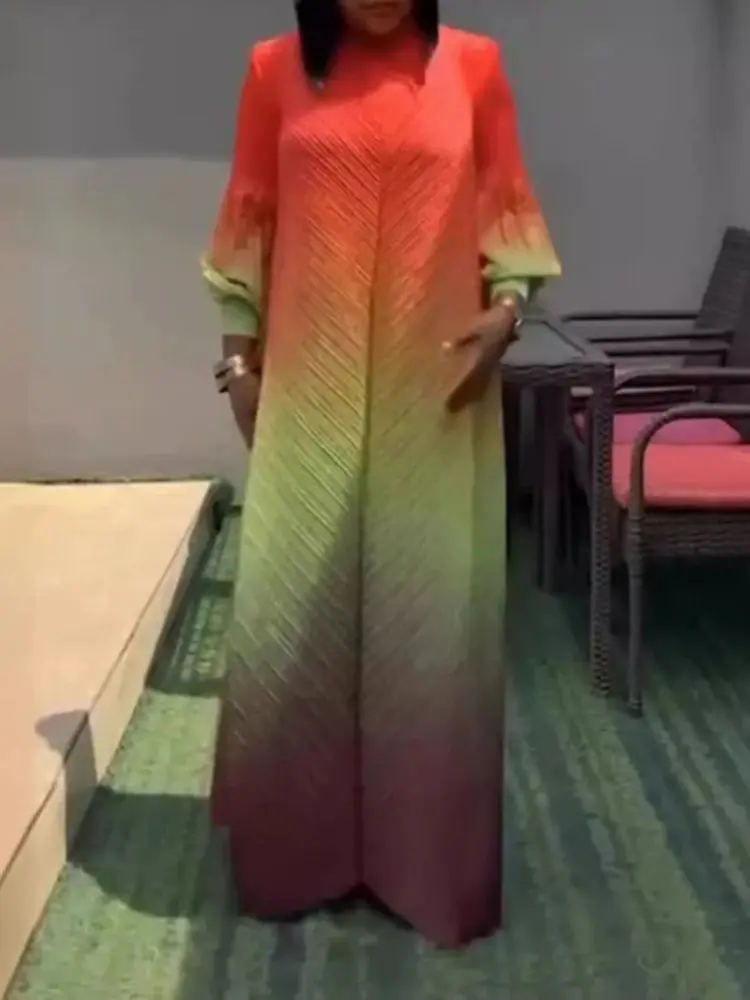 LANMREM 2025 Fashion Gradient Maxi Dress Women Lantern Sleeves Luxury Long Sleeved Pleated Dresses Trendy Clothing 2DA8001