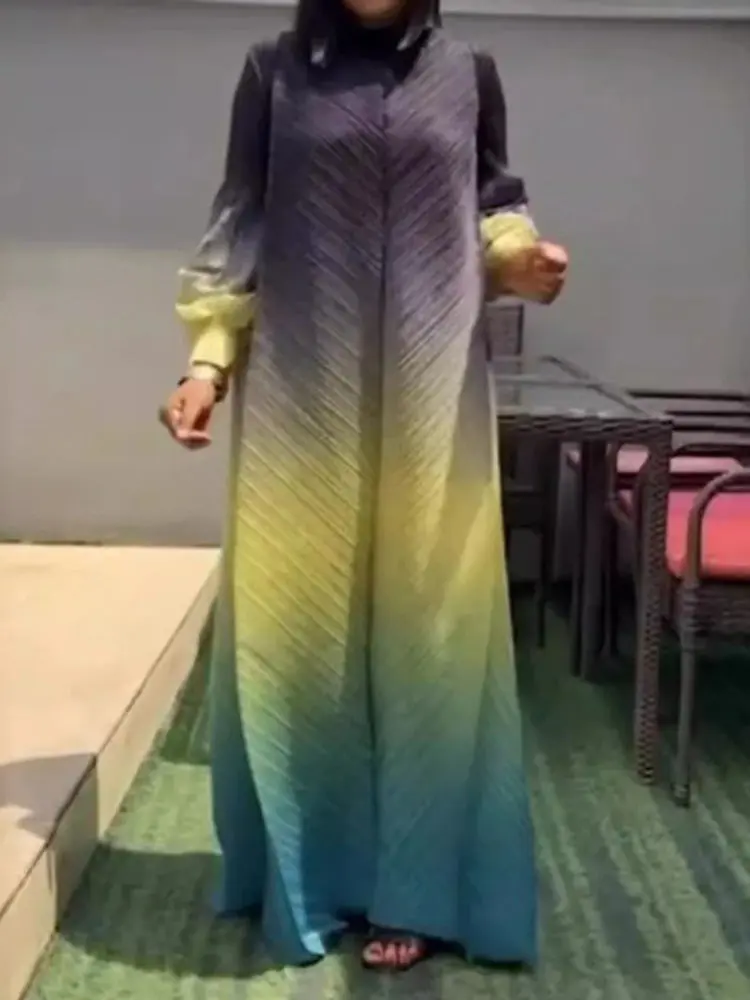 LANMREM 2025 Fashion Gradient Maxi Dress Women Lantern Sleeves Luxury Long Sleeved Pleated Dresses Trendy Clothing 2DA8001