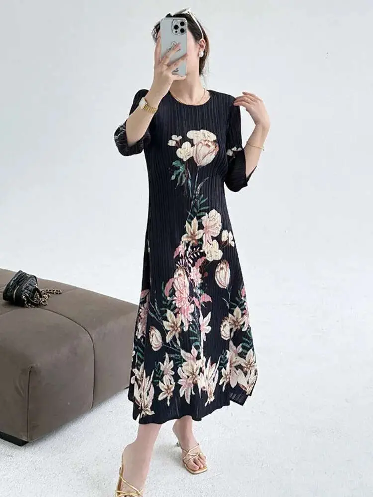 LANMREM Print Vintage Elegant Pleated Dress Women's Temperament Round Neck Slim Dresses Female Fashion 2025 Spring Summer 2DE367