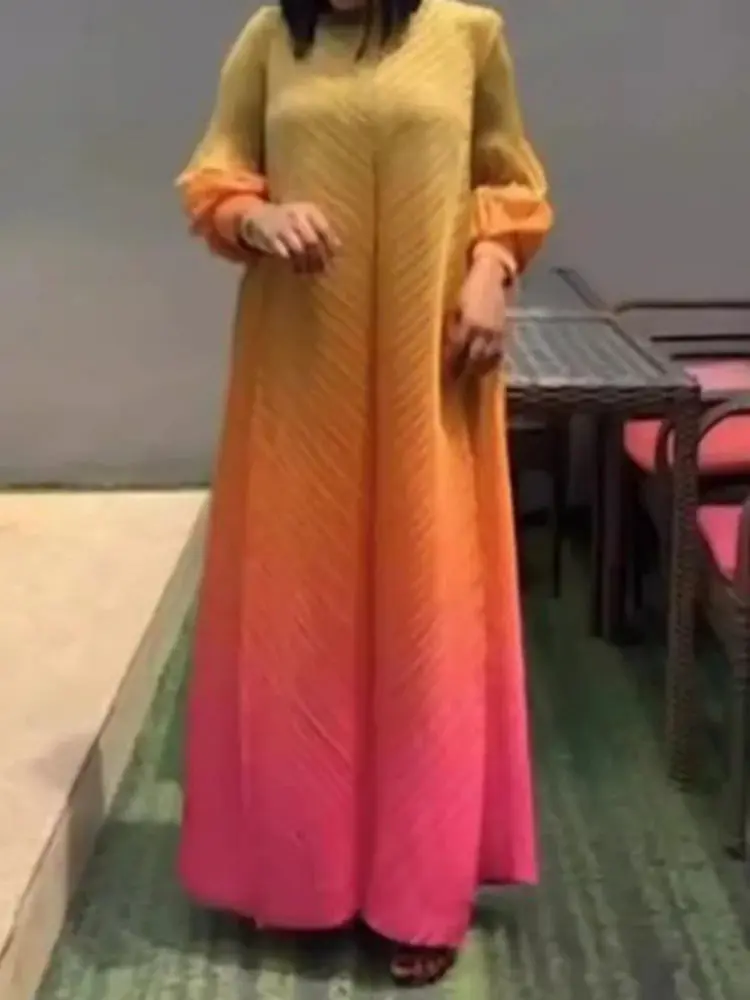 LANMREM 2025 Fashion Gradient Maxi Dress Women Lantern Sleeves Luxury Long Sleeved Pleated Dresses Trendy Clothing 2DA8001