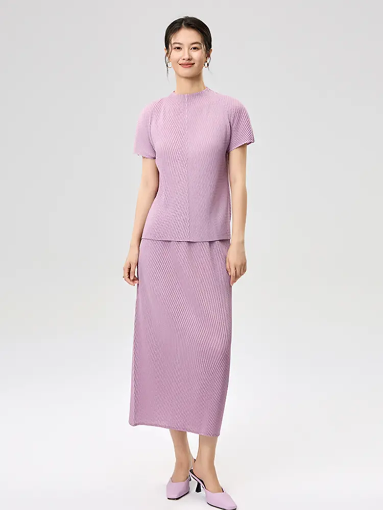 LANMREM High Ealstic Slim Pleated Women's Two Pieces Set Short Sleeve Stand Collar T-shirt And Loose Straight Skirts 2DB3510