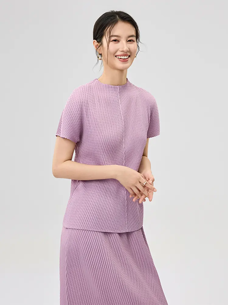 LANMREM High Ealstic Slim Pleated Women's Two Pieces Set Short Sleeve Stand Collar T-shirt And Loose Straight Skirts 2DB3510
