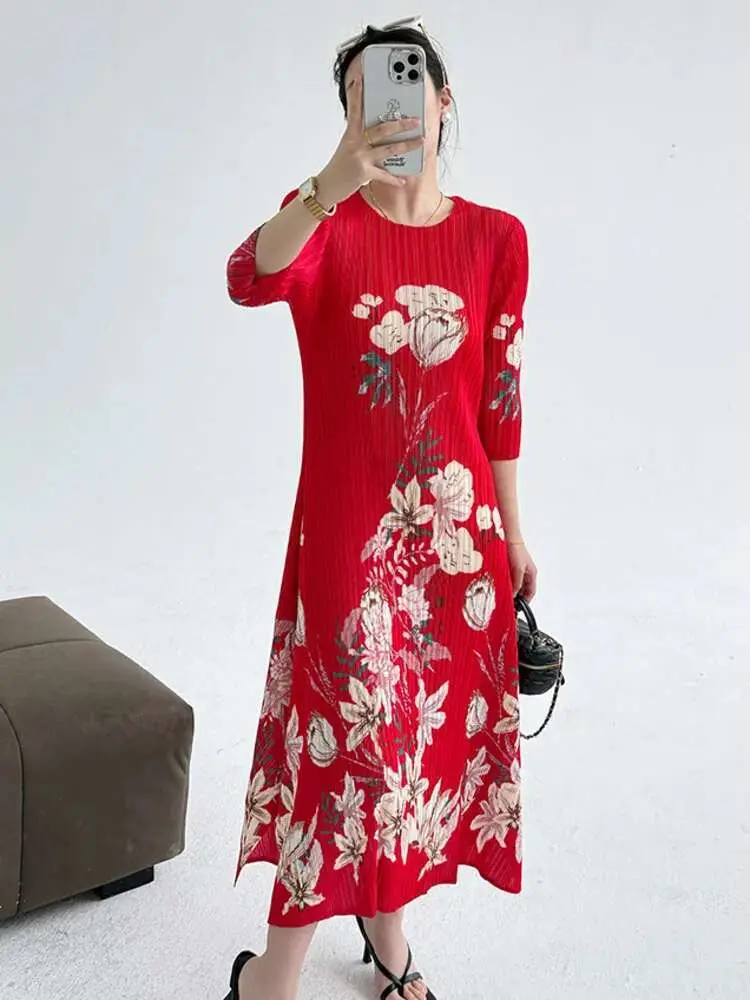 LANMREM Print Vintage Elegant Pleated Dress Women's Temperament Round Neck Slim Dresses Female Fashion 2025 Spring Summer 2DE367