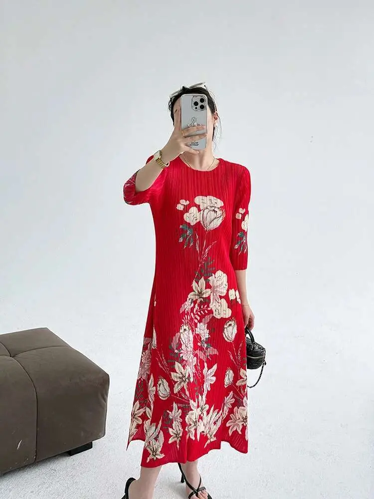 LANMREM Print Vintage Elegant Pleated Dress Women's Temperament Round Neck Slim Dresses Female Fashion 2025 Spring Summer 2DE367
