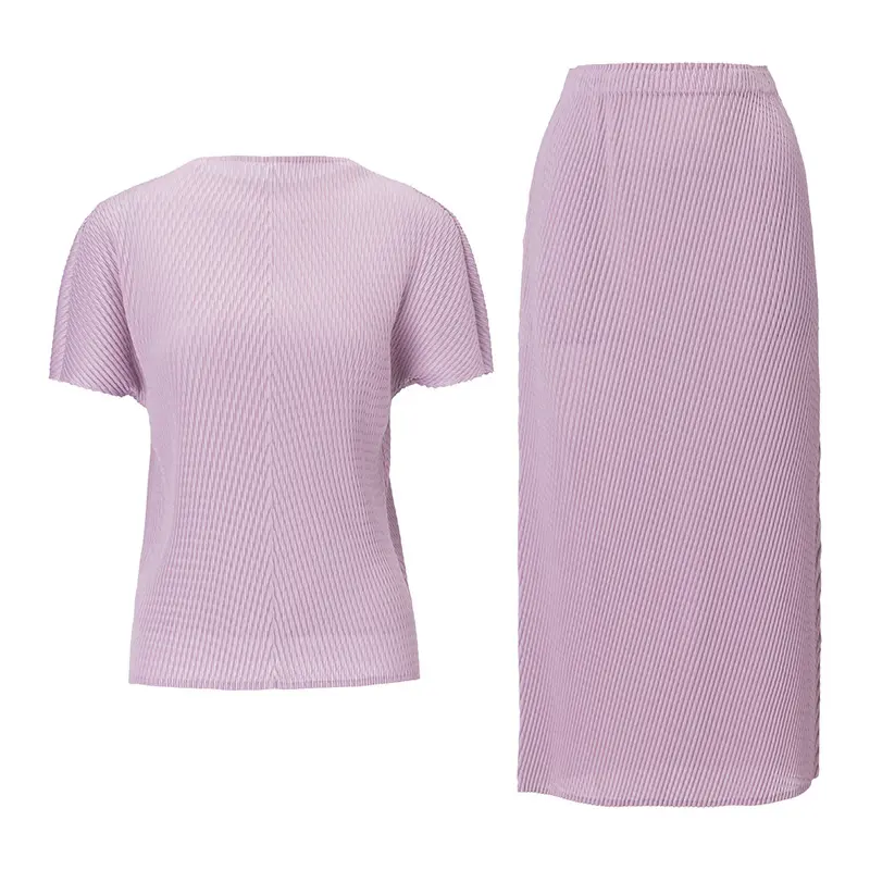 LANMREM High Ealstic Slim Pleated Women's Two Pieces Set Short Sleeve Stand Collar T-shirt And Loose Straight Skirts 2DB3510