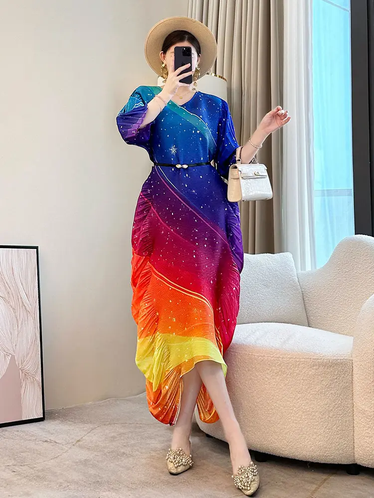 LANMREM Gradient Colorblock Design Pleated Dress For Women 2025 New Loose Causal Three Quarter Sleeve chic Long Dresses 2DB2985