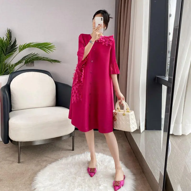 LANMREM Long Flare Sleeves Pleated Dress High End Flower Decoration Single Breasted Dresses Ladies Elegant Clothes 2DA1750