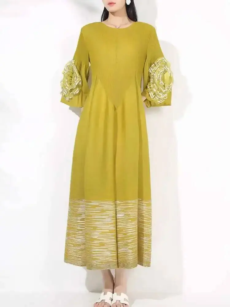 LANMREM Women's High-end Fashion Dress With Flower Ruffles Sleeves Round Neck Loose Big Size Long Dresses 2025 New 2DB1142