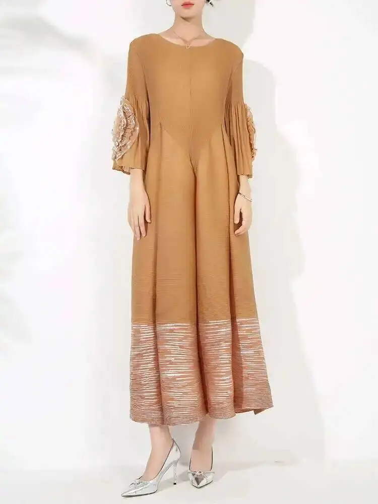 LANMREM Women's High-end Fashion Dress With Flower Ruffles Sleeves Round Neck Loose Big Size Long Dresses 2025 New 2DB1142