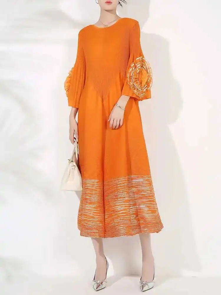 LANMREM Women's High-end Fashion Dress With Flower Ruffles Sleeves Round Neck Loose Big Size Long Dresses 2025 New 2DB1142