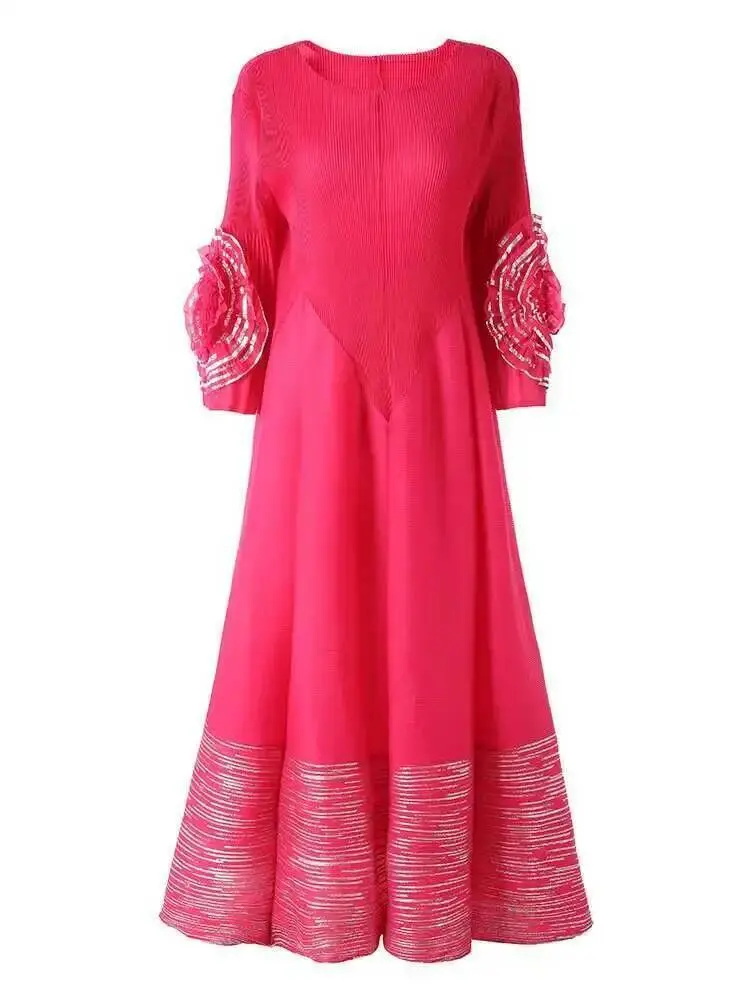 LANMREM Women's High-end Fashion Dress With Flower Ruffles Sleeves Round Neck Loose Big Size Long Dresses 2025 New 2DB1142