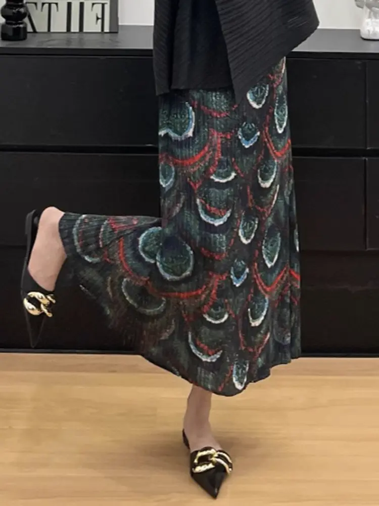 LANMREM Peacock Tail Printed Pleated Women's Pleated Skirt Temperament Lightweight Fashion Design Elastic Waist Skirts 2DB3377