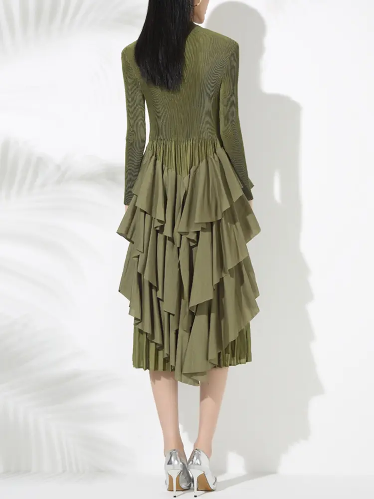 LANMREM Elegant Pleated Mid Length Dress For Women Long Sleeves Irregular Ruffles Patchwork A-line Dresses Fashion New 2VV2046