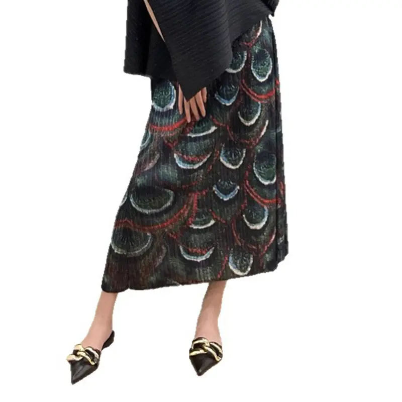 LANMREM Peacock Tail Printed Pleated Women's Pleated Skirt Temperament Lightweight Fashion Design Elastic Waist Skirts 2DB3377