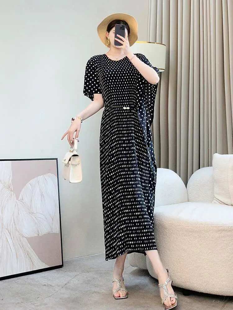 LANMREM Black Dot Printting Asymmetrical Bawting Short Sleeve Women's Dress Elastic Slim Round Collar Pleated Dresses 2DB3374