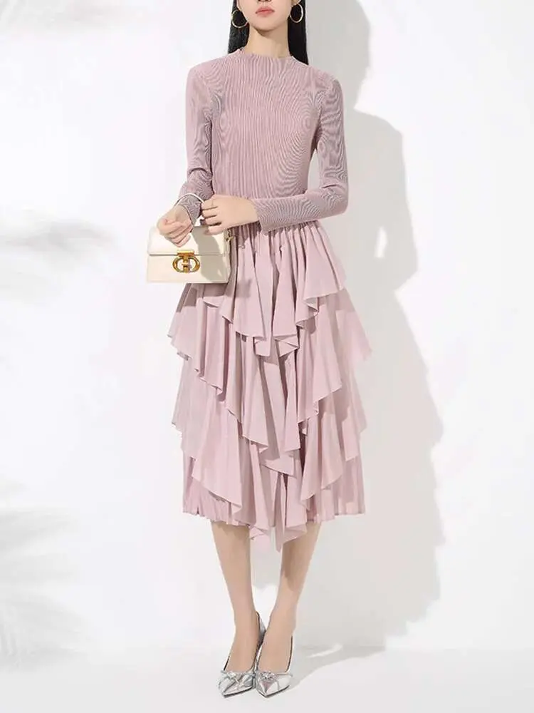LANMREM Elegant Pleated Mid Length Dress For Women Long Sleeves Irregular Ruffles Patchwork A-line Dresses Fashion New 2VV2046