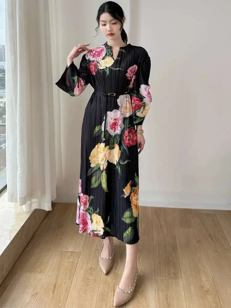 LANMREM French V-neck Design Print Lantern Sleeve Women's Pleated Lace-up Dress Female Fashion 2025 Spring Summer New 2DE422