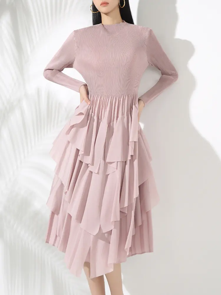LANMREM Elegant Pleated Mid Length Dress For Women Long Sleeves Irregular Ruffles Patchwork A-line Dresses Fashion New 2VV2046