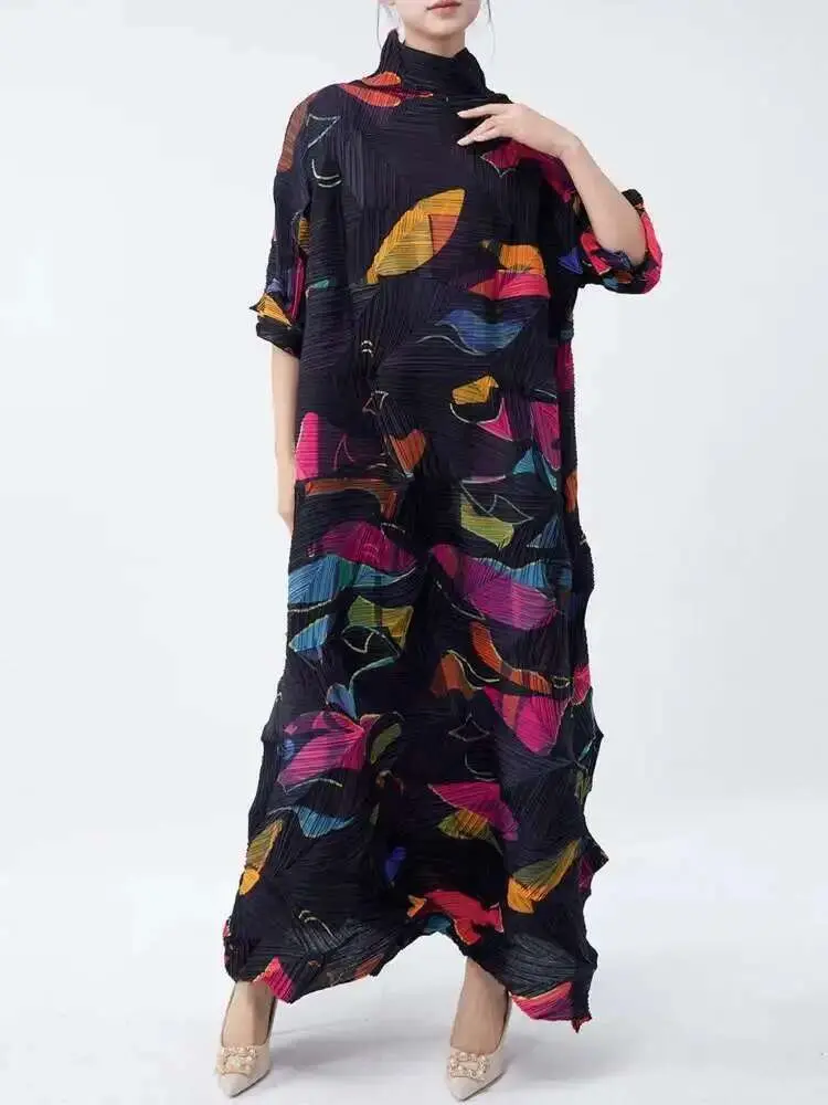 LANMREM Large Size Pleated Dress For Women Turtleneck Printing Loose Dresses Female Casual Clothing 2025 Spring New 2DB2113