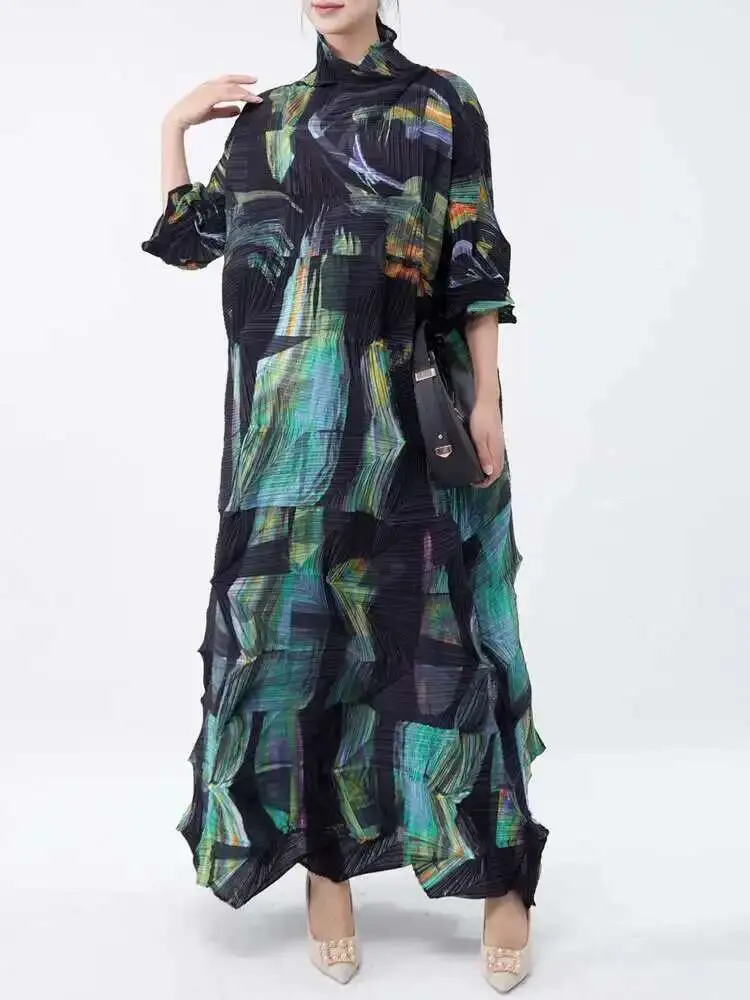 LANMREM Large Size Pleated Dress For Women Turtleneck Printing Loose Dresses Female Casual Clothing 2025 Spring New 2DB2113
