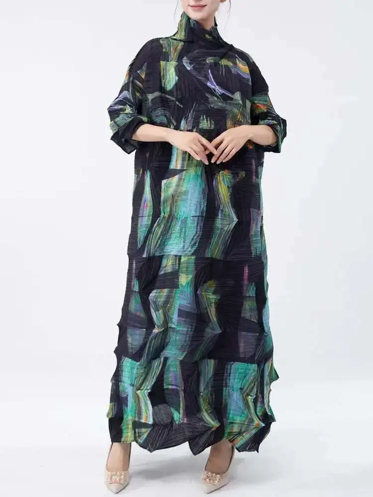 LANMREM Large Size Pleated Dress For Women Turtleneck Printing Loose Dresses Female Casual Clothing 2025 Spring New 2DB2113
