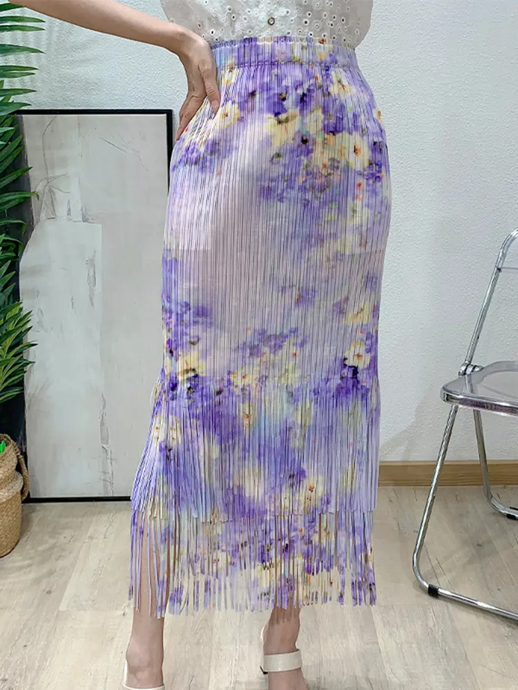 LANMREM Summer 2025 New Pleated Skirts Women's Casual Elastic Waist Printed Double-layer Tassel Long Skirt With Pockets 2DB2733
