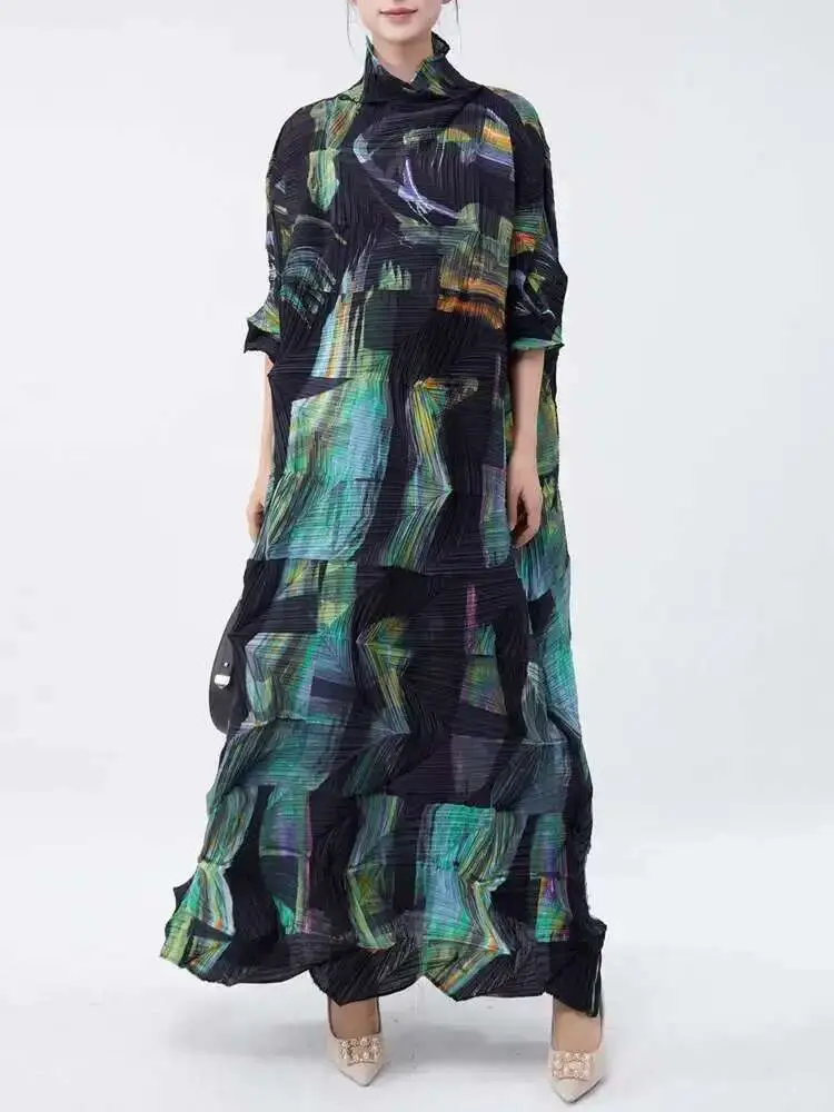 LANMREM Large Size Pleated Dress For Women Turtleneck Printing Loose Dresses Female Casual Clothing 2025 Spring New 2DB2113